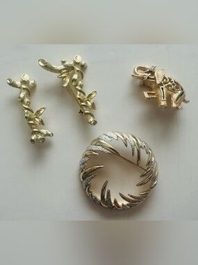 Sarah Coventry 4 Brooches Fire and Ice Elephant Bamboo Letters I and L Signed